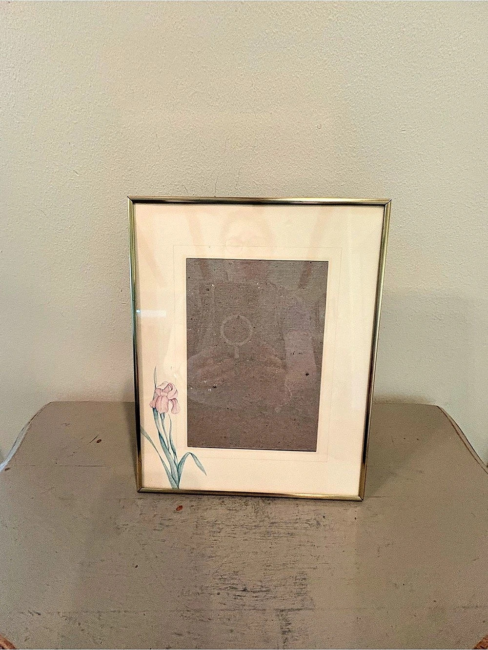 VTG 8X10 Gold Metal Picture Frame With Watercolor Iris Painted On Front Mat